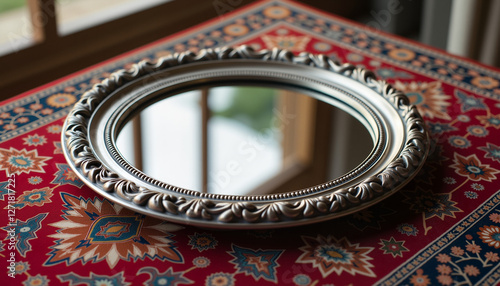 Minimalist oval mirror with ornate silver frame on Persian-patterned tablecloth for Nowruz
