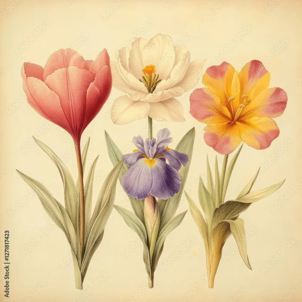 Obraz premium An old vintage print of three flowers, tulip, crocus, and iris. AI generative.