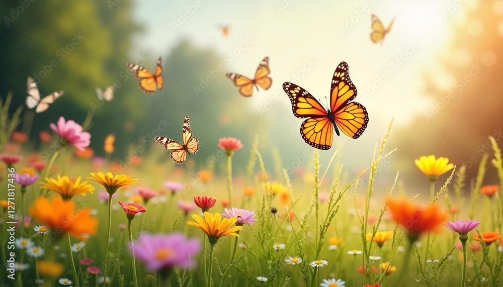 Colorful butterflies flying over vibrant flower field with wildflowers and sunlight Colorful butterflies flying over vibrant flower field with wildflowers and sunlight