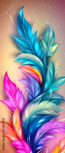 Colorful feathery design with a rainbow of colors. The design is abstract and has a sense of movement