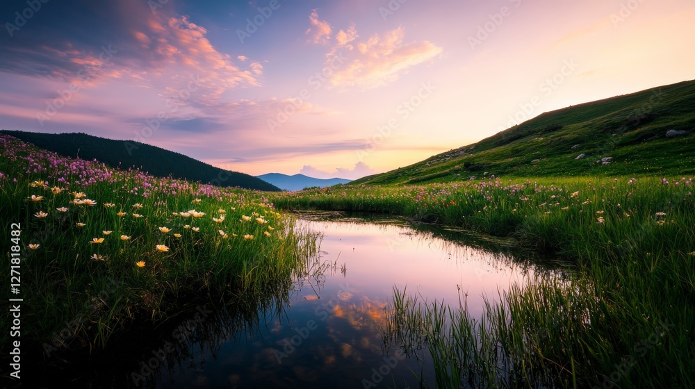 Fototapeta premium Serene Mountain Meadow at Sunset with a Stream Reflecting the Sky. A breathtaking landscape of wildflowers, a tranquil stream, and majestic mountains, painted in the hues of a beautiful sunset.