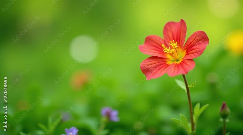 A vibrant red flower blossoms amidst a softly blurred green landscape, showcasing its delicate petals and bright yellow stamen in a tranquil natural setting. A vibrant red flower blossoms amidst a softly blurred green landscape, showcasing its delicate petals and bright yellow stamen in a tranquil natural setting.
