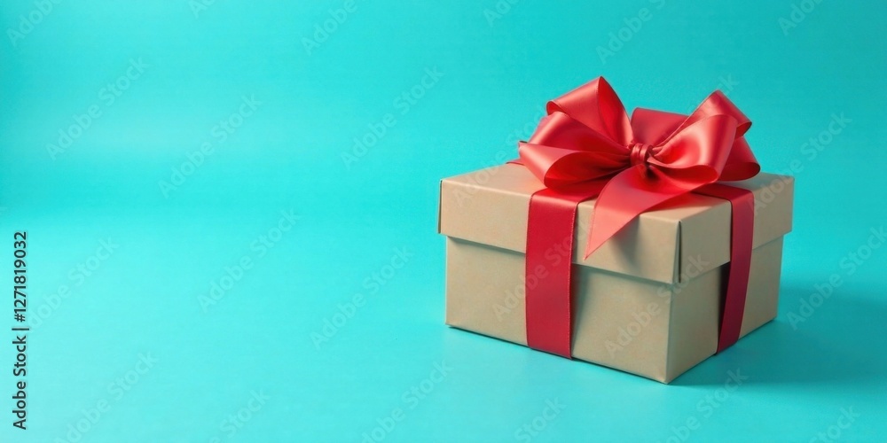 A thoughtfully wrapped present with a vibrant red ribbon, signifying celebration and joy, sits on a bright teal background. A thoughtfully wrapped present with a vibrant red ribbon, signifying celebration and joy, sits on a bright teal background.