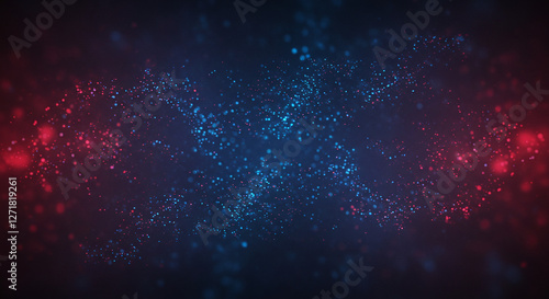 Dark abstract background with blue and red glowing particles and foggy atmosphere. Generative AI.