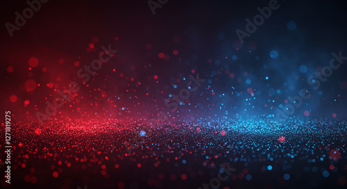 Dark abstract background with blue and red glowing particles and foggy atmosphere. Generative AI.