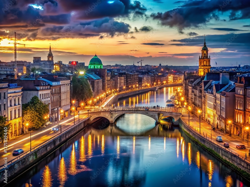 Naklejka premium Dublin Night Cityscape: Illuminated Streets & Iconic Buildings