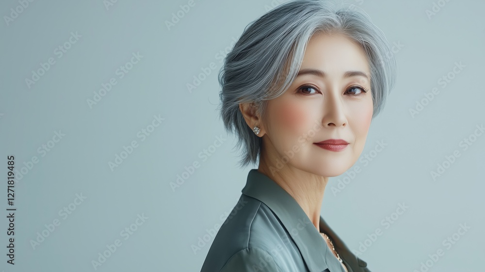Fototapeta premium Elegant Mature Woman with Gray Hair and Confident Expression in Minimalistic Setting