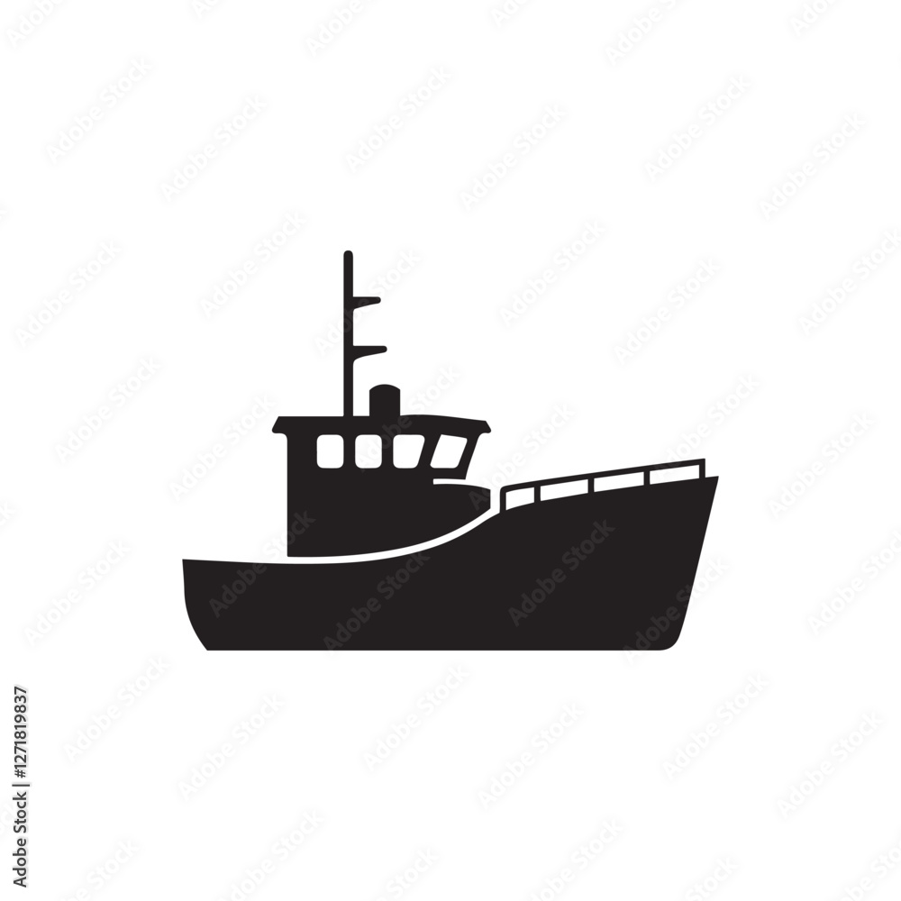 Obraz premium Fishing trawler, black and white illustration, detailed silhouette, commercial fishing boat