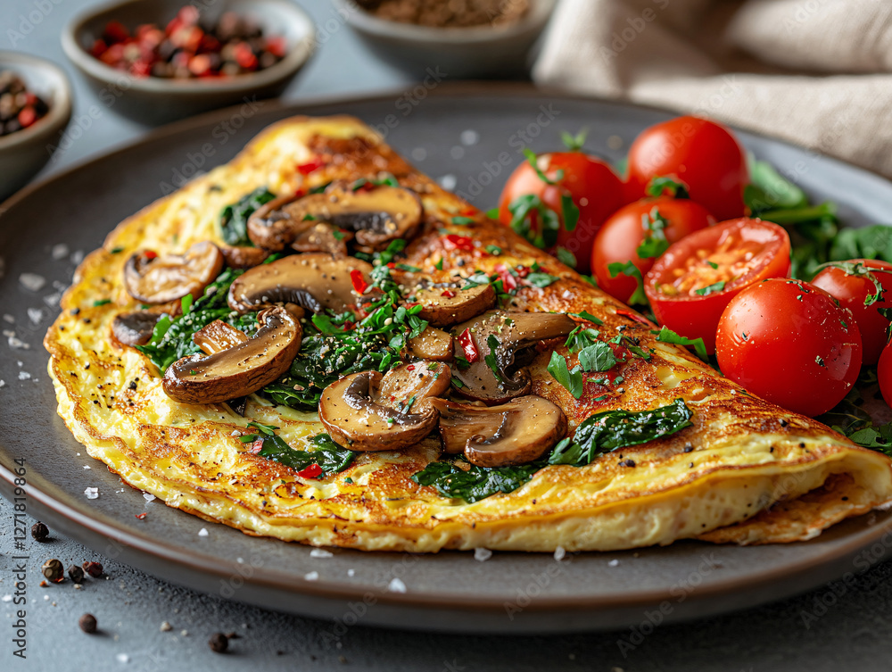 a plate of omelette topped with sliced tomatoes, mushrooms, spinach, and chopped parsley, garnished with red chili flakes. The omelette is served on a gray plate, and the background includes a tomato, a plate of omelette topped with sliced tomatoes, mushrooms, spinach, and chopped parsley, garnished with red chili flakes. The omelette is served on a gray plate, and the background includes a tomato,