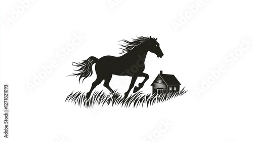 Wallpaper Mural Silhouette horse running toward small house on grassy hill. Stock photo Torontodigital.ca