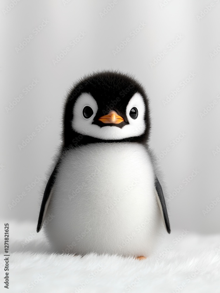 Fototapeta premium A cute, fluffy penguin chick standing on soft white fur with a curious expression.
