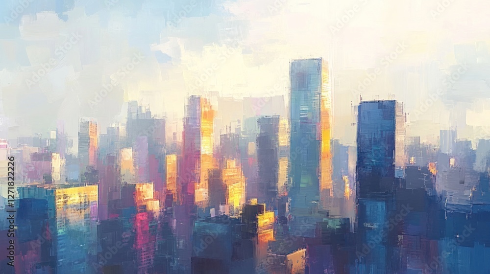 Artistic painting of skyscrapers.Abstract style.Cityscape panorama. Artistic painting of skyscrapers.Abstract style.Cityscape panorama.