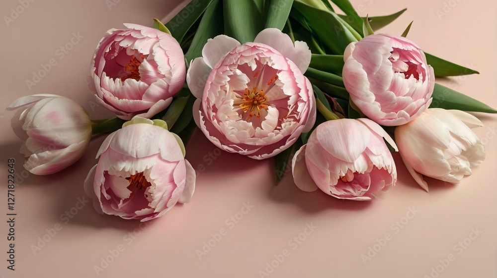 Peony Tulips on Pastel Background, Minimalist Flat Lay Peony Tulips on Pastel Background, Minimalist Flat Lay