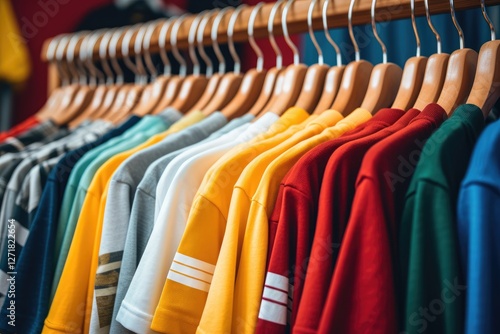 Wallpaper Mural Colorful clothing rack with assorted t-shirts and sweatshirts. Retail store display of casual apparel. Fashion boutique inventory. Bright garments on wooden hangers. Torontodigital.ca