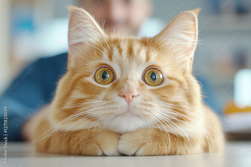 close up of fluffy orange cat with large, expressive eyes resting on table, creating warm and inviting atmosphere close up of fluffy orange cat with large, expressive eyes resting on table, creating warm and inviting atmosphere