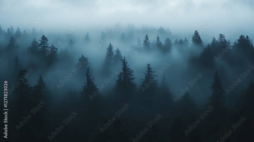 Misty Forest Enveloped In Foggy Shadows Misty Forest Enveloped In Foggy Shadows