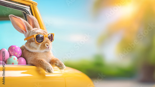 Cute bunny wearing sunglasses in yellow car with colorful easter eggs on sunny day photo