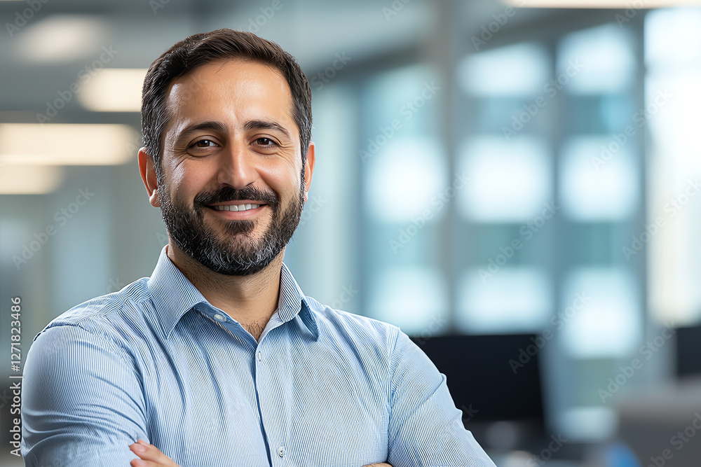 Naklejka premium smiling man in light blue shirt stands confidently with arms crossed in modern office setting, conveying professionalism and approachability