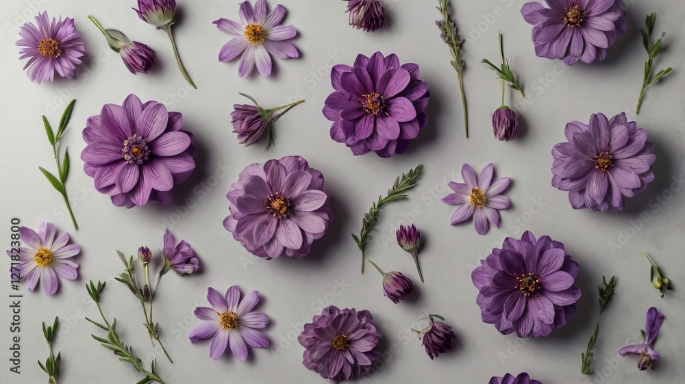 Purple Flowers on Gray Paper, Spring Theme Purple Flowers on Gray Paper, Spring Theme