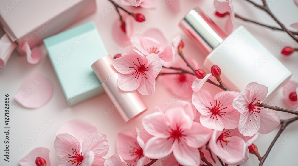Elegant arrangement of beauty products adorned with delicate pink cherry blossoms on a light surface. Elegant arrangement of beauty products adorned with delicate pink cherry blossoms on a light surface.