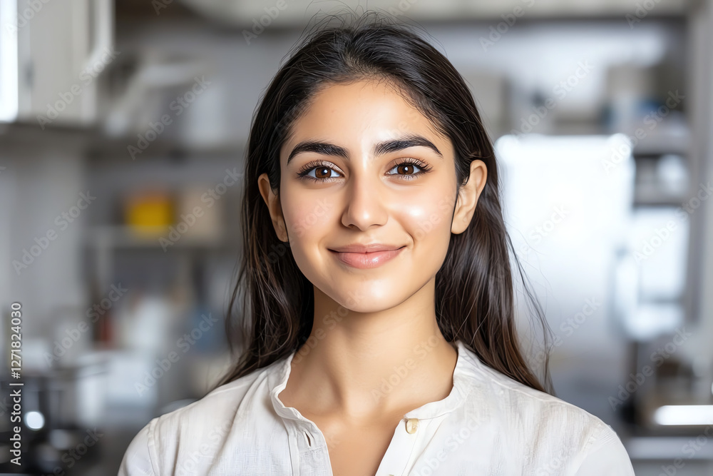 close up portrait of smiling young woman in kitchen setting, showcasing her natural beauty and confidence. warm atmosphere enhances her cheerful expression close up portrait of smiling young woman in kitchen setting, showcasing her natural beauty and confidence. warm atmosphere enhances her cheerful expression