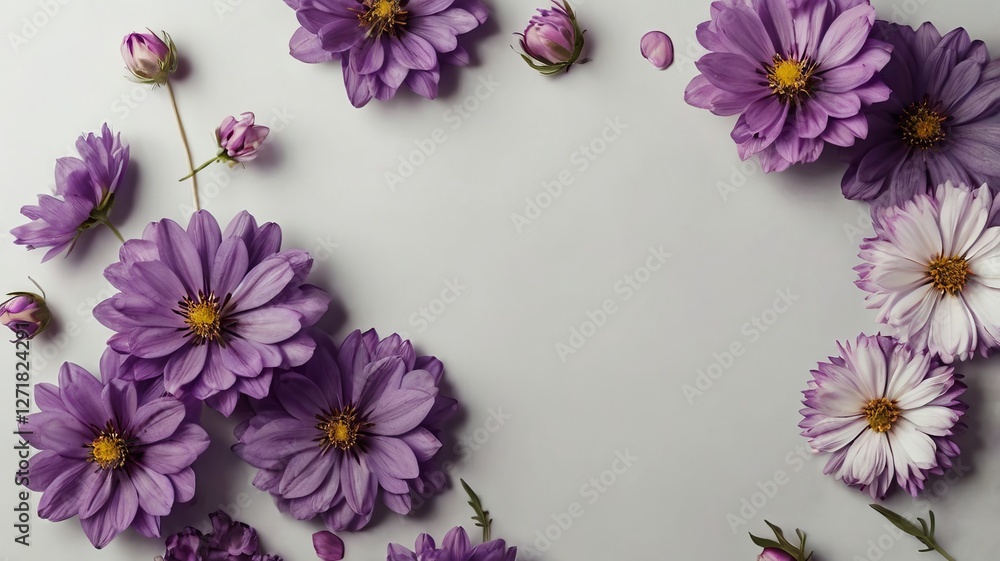 Purple Flowers on Gray Paper, Spring Theme Purple Flowers on Gray Paper, Spring Theme