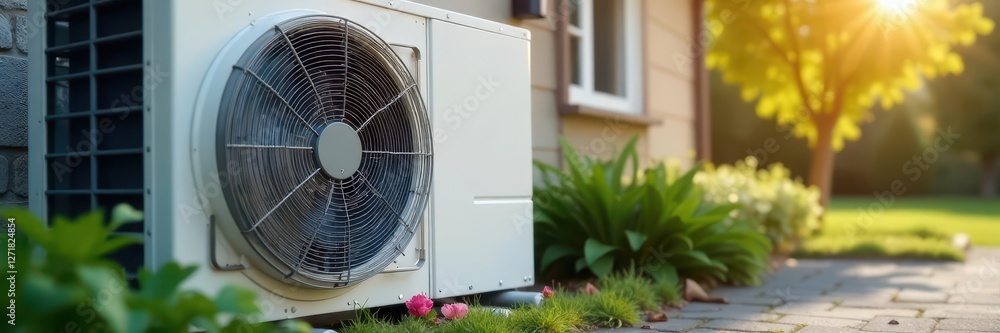 Close-up of air source heat pump's outdoor components, tubes, technology, electronics Close-up of air source heat pump's outdoor components, tubes, technology, electronics