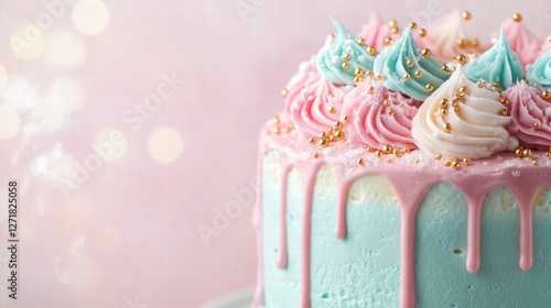 Decorated multi layer cake with pastel colors, whipped cream, and golden sprinkles set against a soft blurred background. Generative AI photo