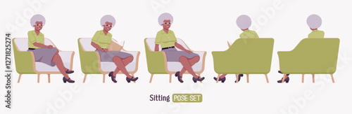 Senior woman, african american old lady, kind grandmother armchair sitting set. Experienced grandma, grey hair, older elegant nice looking granny, elderly care. Vector flat style cartoon illustration