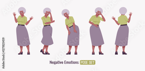 Senior woman, african american old lady, kind grandmother negative emotion set. Experienced grandma, grey hair, older elegant nice granny, elderly person care. Vector flat style cartoon illustration