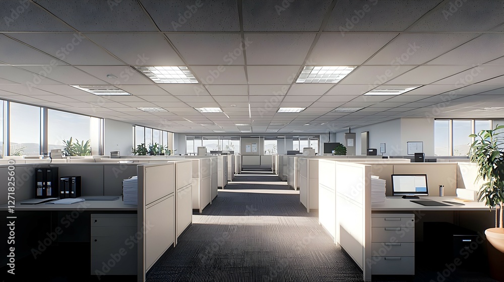 Empty Modern Office with Sunlight Streaming Through Windows Empty Modern Office with Sunlight Streaming Through Windows