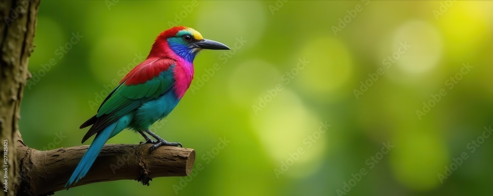 Obraz premium Colorful Indian Roller perched on a thick Gir tree branch , natural beauty, Gir tree, feathers