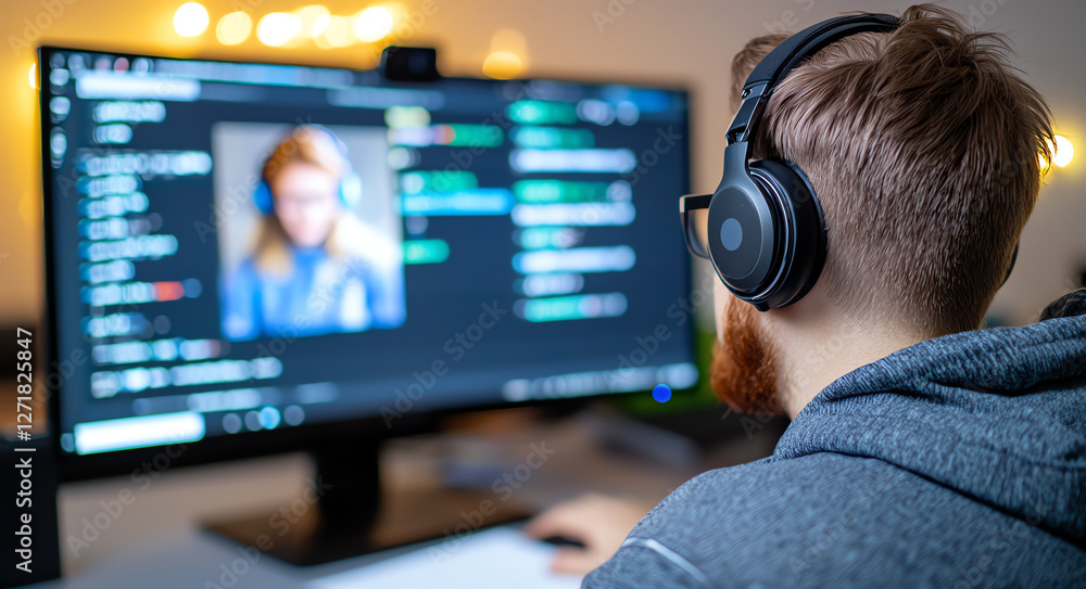 person wearing headphones is focused on computer screen while writing notes. environment is bright and modern, reflecting productive workspace person wearing headphones is focused on computer screen while writing notes. environment is bright and modern, reflecting productive workspace