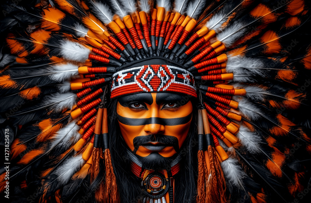 Man wearing a headdress with feathers and face paint. The man is wearing a headdress with feathers and face paint, which gives him a tribal look Man wearing a headdress with feathers and face paint. The man is wearing a headdress with feathers and face paint, which gives him a tribal look