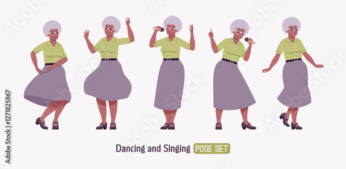 Senior woman, african american old lady, kind grandmother dancing set. Experienced grandma, grey hair, older elegant nice looking granny, elderly person care. Vector flat style cartoon illustration