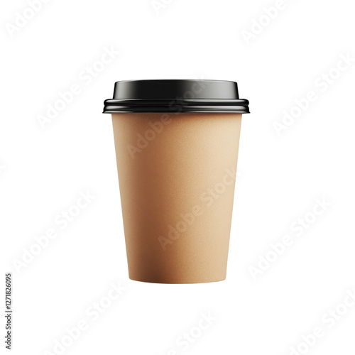 Disposable coffee mug with black lid. Ideal for hot drinks, takeaways and on-the-go, transparent background