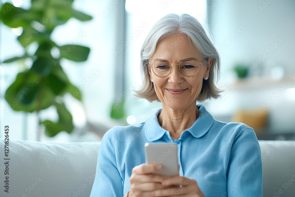 middle aged woman with gray hair is sitting on couch, smiling while using smartphone in bright, modern living room middle aged woman with gray hair is sitting on couch, smiling while using smartphone in bright, modern living room