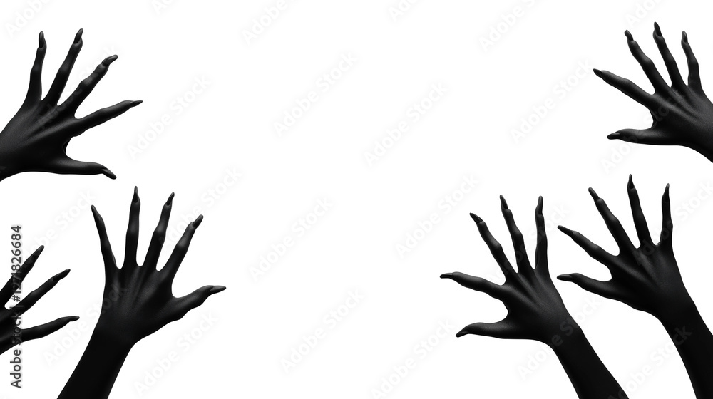 A group of scary black hands with long nails isolated on white or transparent background, png clipart A group of scary black hands with long nails isolated on white or transparent background, png clipart