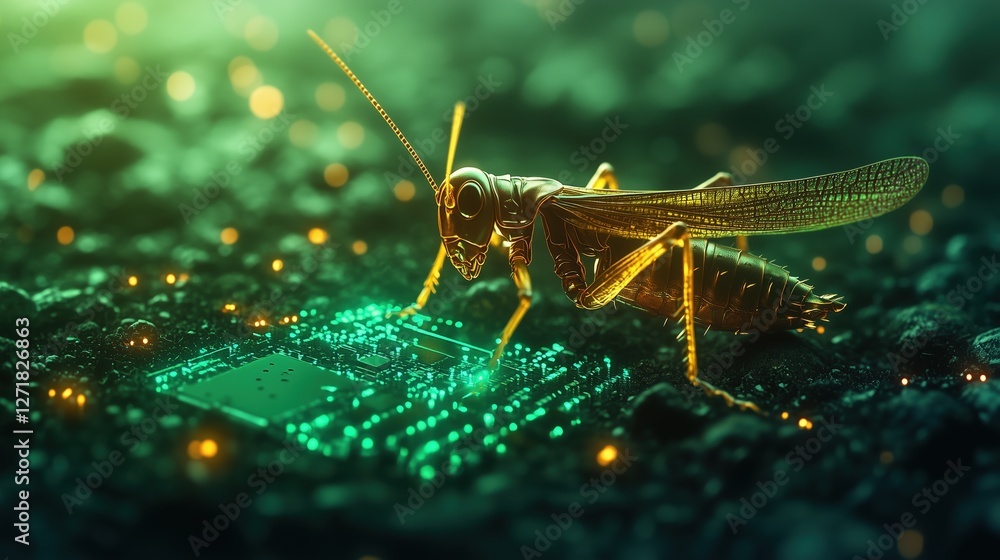 Golden Grasshopper Perched on a Glowing Circuit Board in Futuristic Green-Lit Atmosphere Golden Grasshopper Perched on a Glowing Circuit Board in Futuristic Green-Lit Atmosphere
