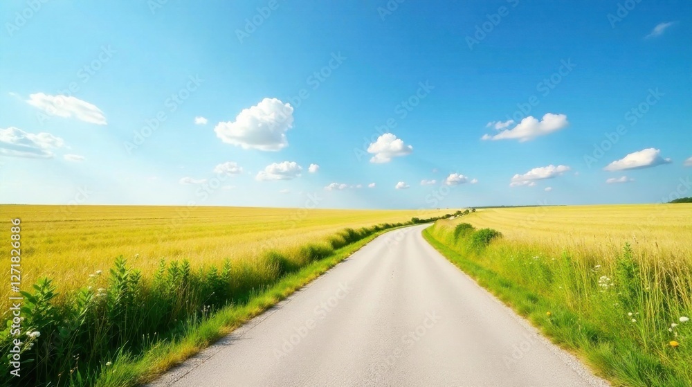 Asphalt Road Winding Through a Golden Wheat Field Under a Bright Sunny Sky Asphalt Road Winding Through a Golden Wheat Field Under a Bright Sunny Sky