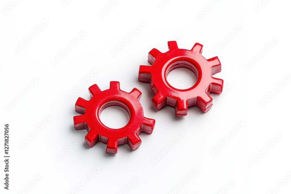 Two Bright Gears Interlocked On A White Background Studio Shot With Close Up Two Bright Gears Interlocked On A White Background Studio Shot With Close Up