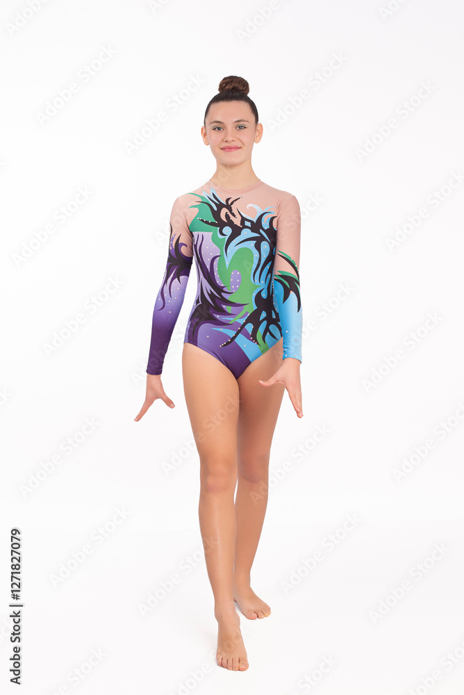 Young acrobatic gymnast ready to start her exercises, isolated on white background. Sport and competition for teenagers Young acrobatic gymnast ready to start her exercises, isolated on white background. Sport and competition for teenagers