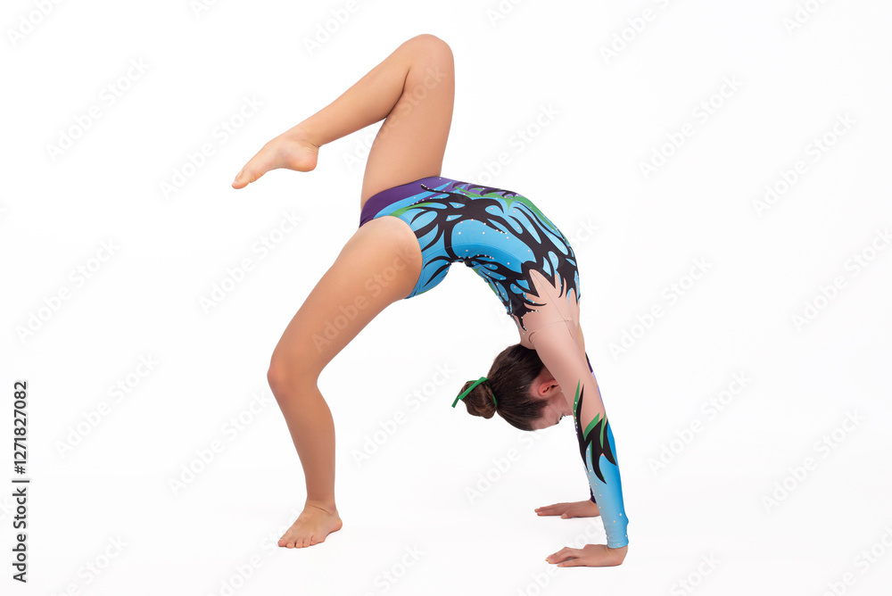 Young acrobatic gymnast performing gymnastic exercises, isolated on white background. Sport, competition and healthy life in adolescents. Young acrobatic gymnast performing gymnastic exercises, isolated on white background. Sport, competition and healthy life in adolescents.