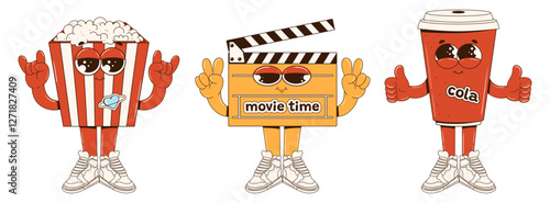 Set of characters in a groovy style. Popcorn, clapperboard, and paper cup with eyes, arms, and legs in a retro style. Bright characters in the form of cinema elements. Vector