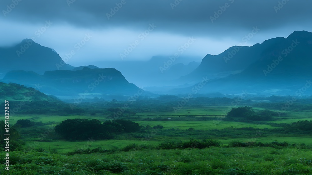 Serene Misty Mountains and Verdant Valley Landscape Serene Misty Mountains and Verdant Valley Landscape