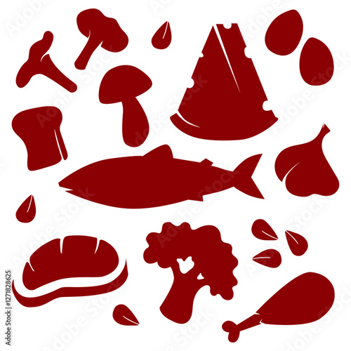 Silhouettes of protein source products. Hand-drawn healthy food infographic