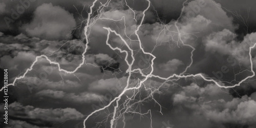 Thunder, lightnings and rain on a stormy summer night in black and white. 