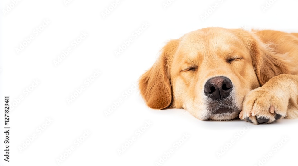 A peaceful golden retriever sleeps soundly, showcasing its relaxed demeanor against a clean, white background. A peaceful golden retriever sleeps soundly, showcasing its relaxed demeanor against a clean, white background.