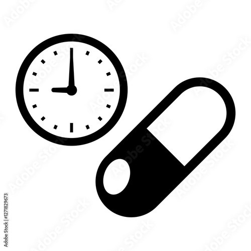 A medication reminder icon featuring a capsule and a clock, symbolizing scheduled medicine intake.