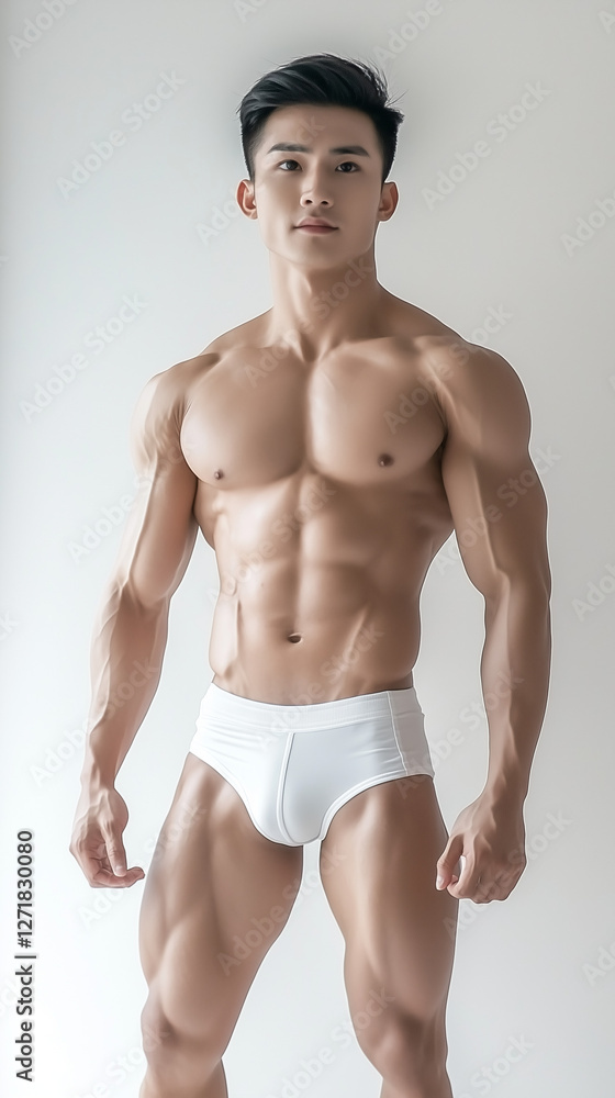 Fototapeta premium Athletic Asian Male Model Showcasing Elegance
